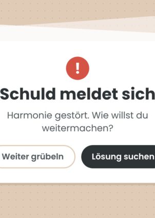 Grafik: Hinweisfenster „Schuld meldet sich“ mit den Buttons „Weiter grübeln“ und „Lösung suchen“