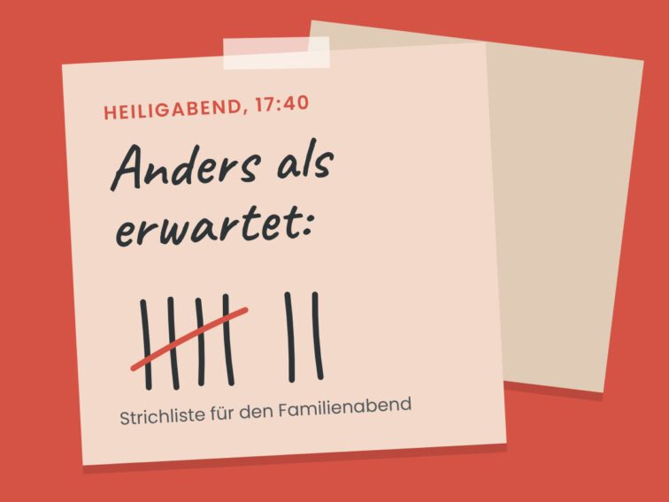 Grafik: Klebezettel mit der Notiz „Anders als erwartet:“ und einer Strichliste für den Familienabend an Heiligabend