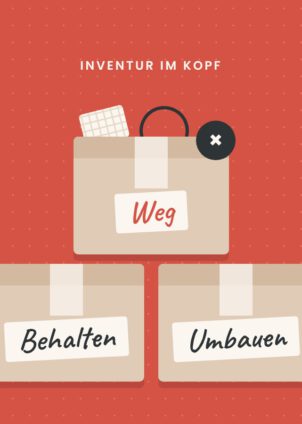 Grafik: drei Umzugskartons mit den Aufschriften ‚Behalten‘, ‚Umbauen‘ und ‚Weg‘, darüber ‚Inventur im Kopf'