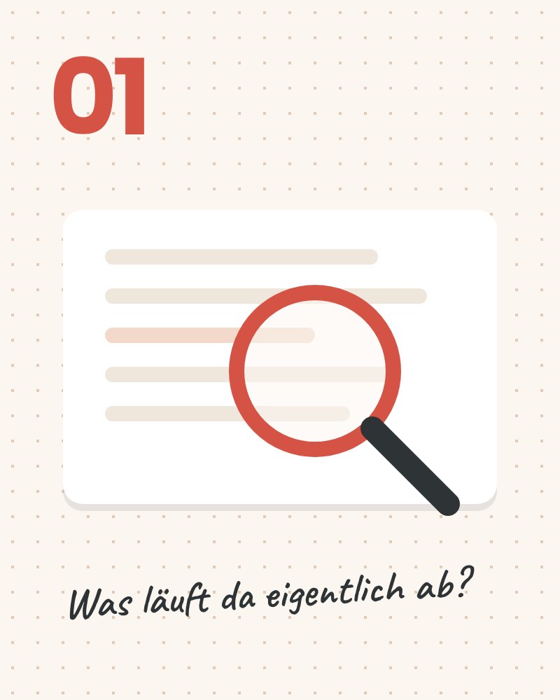 Grafik: Schritt 1, Lupe über einem Notizblatt