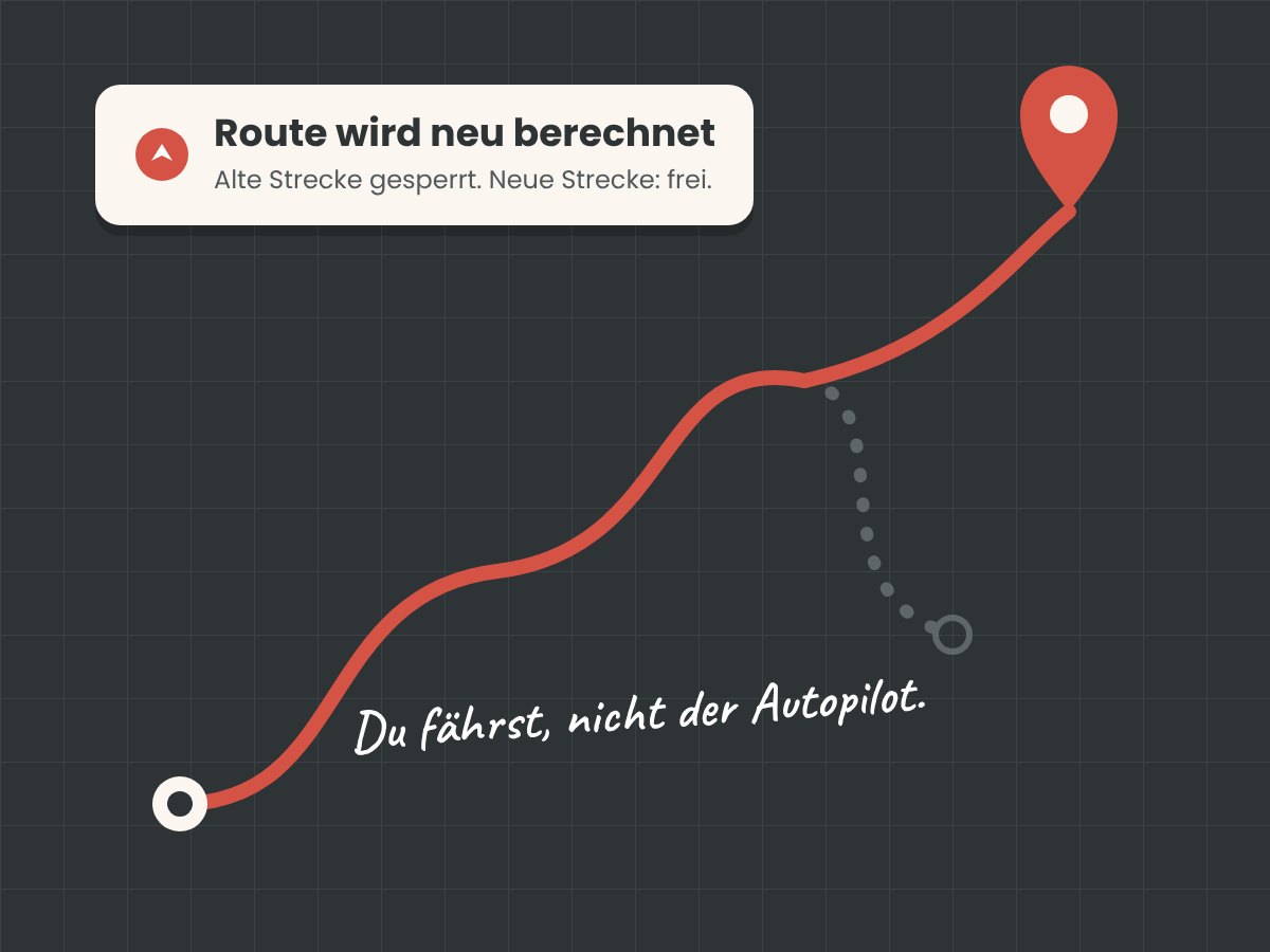 Grafik: Navigationskarte mit neuer Route zum Ziel und dem Hinweis „Route wird neu berechnet“